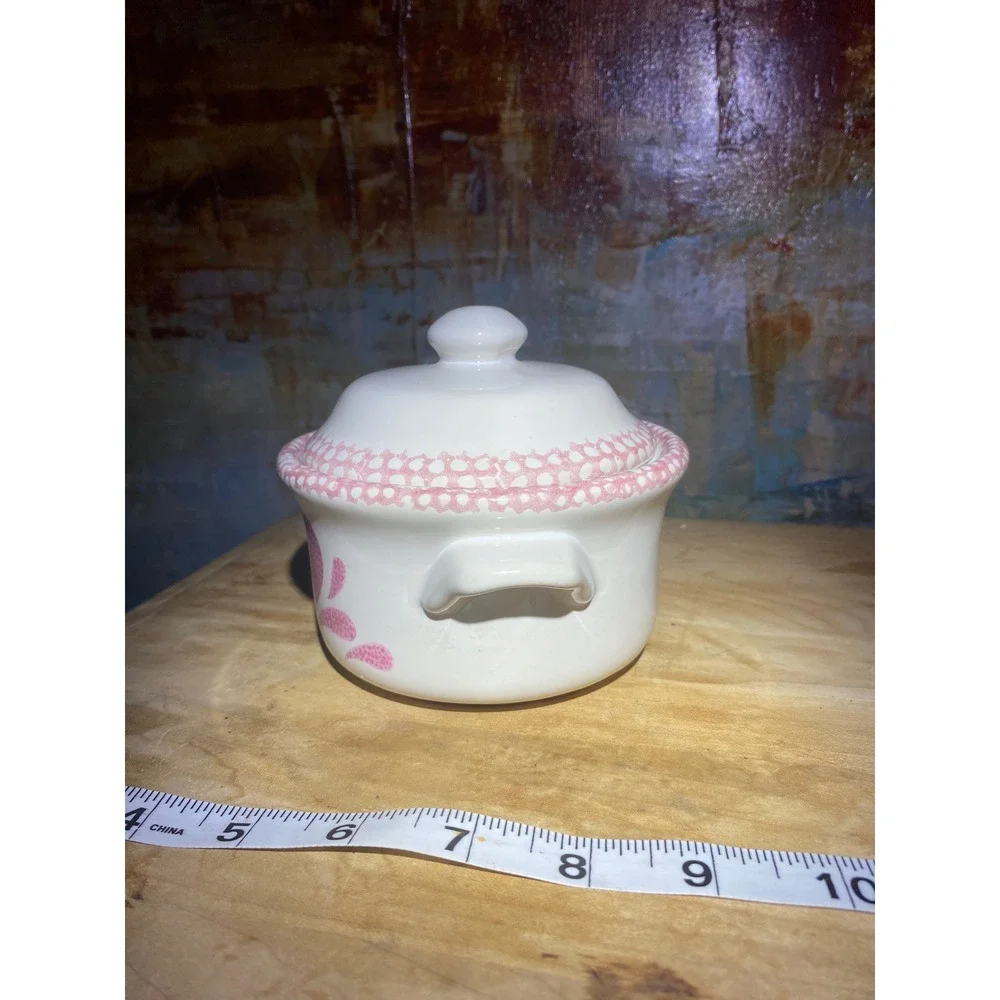 Vintage Pink Heart Ceramic Mini Cocotte Lidded Sugar Bowl White Spongeware 5.5in